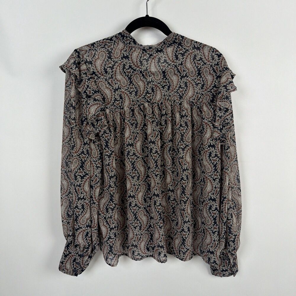 Banana Republic Ruffle Blouse XL Sheer Paisley Bishop Sleeve Dark Academia Poet - Picture 3 of 9